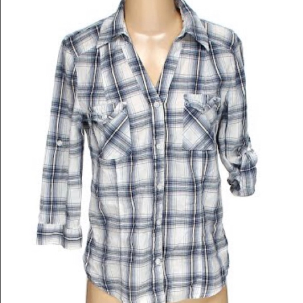 Blue and white plaid button down shirt.